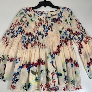 Jane And Delancey Blouse Womens Medium Beige Floral Smocked Tunic Long Sleeve